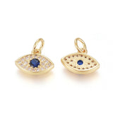 Brass Micro Pave Cubic Zirconia Charms, with Jump Ring, Long-Lasting Plated, Evil Eye, Blue & Clear, Real 18K Gold Plated, 8.5x11.5x2mm, Hole: 3.5mm, 10pc/Set