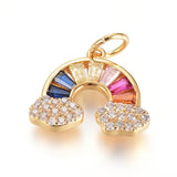 Brass Micro Pave Cubic Zirconia Pendants, with Jump Ring, Long-Lasting Plated, Rainbow, Colorful, Real 18K Gold Plated, 11.5x14x2mm, Hole: 3.5mm, 5pc/Set