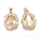 Brass Micro Pave Cubic Zirconia Pendants, Long-Lasting Plated, Oval with Virgin Mary, Clear, Golden, 24.5x18x3mm, Hole: 5x4mm, 5pc/Set