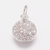 Brass Cubic Zirconia Pendants, Flat Round Charms, Platinum, 10x8x2mm, Hole: 3mm, 5pcs/Set