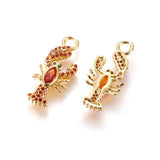 Brass Micro Pave Cubic Zirconia Pendants, Lobster, Orange Red, Golden, 23.5x10x3mm, Hole: 3mm, 5pc/Set