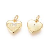 Golden Plated Brass Charms, with Cubic Zirconia and Jump Rings, Heart with Word Mom, for Mother's Day, Clear, 11x11x2mm, Hole: 2.5mm, 10pc/Set