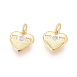 Golden Plated Brass Charms, with Cubic Zirconia and Jump Rings, Heart with Word Mom, for Mother's Day, Clear, 11x11x2mm, Hole: 2.5mm, 10pc/Set