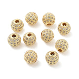 Round Brass Micro Pave Cubic Zirconia Beads, Clear, Real 18K Gold Plated, 8mm, Hole: 2mm, 10pc/Set