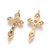 Brass Micro Pave Cubic Zirconia Links, Cross, Colorful, Golden, 32.5x15.5x3.5mm, Hole: 1.2mm, 5pc/Set