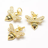 Brass Micro Pave Grade AAA Cubic Zirconia Charms, Bees, Lead Free & Nickel Free & Cadmium Free, Real 18K Gold Plated, 15.5x16x3mm, Hole: 3.5mm, 5pc/Set