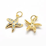 Brass Micro Pave Grade AAA Cubic Zirconia Pendants, Starfish/Sea Stars, Lead Free & Nickel Free & Cadmium Free, Real 18K Gold Plated, 17x14x3mm, Hole: 3mm, 10pc/Set