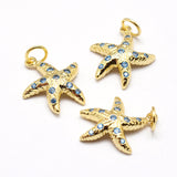 Brass Micro Pave Grade AAA Cubic Zirconia Pendants, Starfish/Sea Stars, Lead Free & Nickel Free & Cadmium Free, Real 18K Gold Plated, 17x14x3mm, Hole: 3mm, 10pc/Set