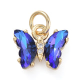 Brass Micro Pave Clear Cubic Zirconia Pendant, with Glass, Butterfly, Golden, Blue, 11x9.5x3mm, Hole: 3.5mm, 5pc/Set