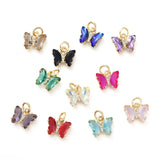 Brass Micro Pave Clear Cubic Zirconia Pendant, with Glass, Butterfly, Golden, Mixed Color, 11x9.5x3mm, Hole: 3.5mm, 5pcs/Set