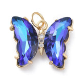 Brass Micro Pave Clear Cubic Zirconia Pendant, with Glass, Butterfly, Golden, Blue, 15x19x4.5mm, Hole: 3.5mm, 5pc/Set