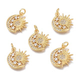 Brass Micro Pave Clear Cubic Zirconia Pendants, with Jump Rings, Long-Lasting Plated, Moon & Sun, Real 18K Gold Plated, 15.5x14x2mm, Jump Ring: 4.3x0.8mm, Hole: 3mm, 5pcs/Set