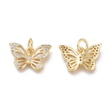 Brass Micro Pave Clear Cubic Zirconia Charms, with Jump Rings, Long-Lasting Plated, Butterfly, Real 18K Gold Plated, 14~15x9.5x2mm, Jump Ring: 5x1mm, Hole: 3.5mm, 10pc/Set