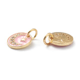 Brass Micro Pave Clear Cubic Zirconia Charms, with Pink Enamel, Long-Lasting Plated, With Jump Rings, Flat Round with Moon and Star, Real 18K Gold Plated, 10x1.5mm, Hole: 3mm, Jump Ring: 5x1mm, 5pc/Set