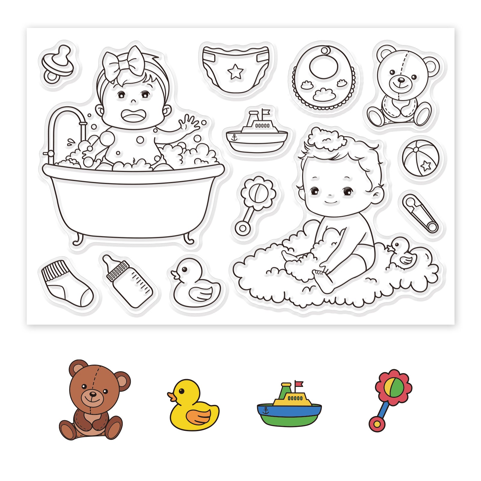 Globleland Teddy Bear, Feeding Bottle, Toy Duck, Socks, Diapers, Toy Sailboat, Pacifier Clear Silicone Stamp Seal for Card Making Decoration and DIY Scrapbooking