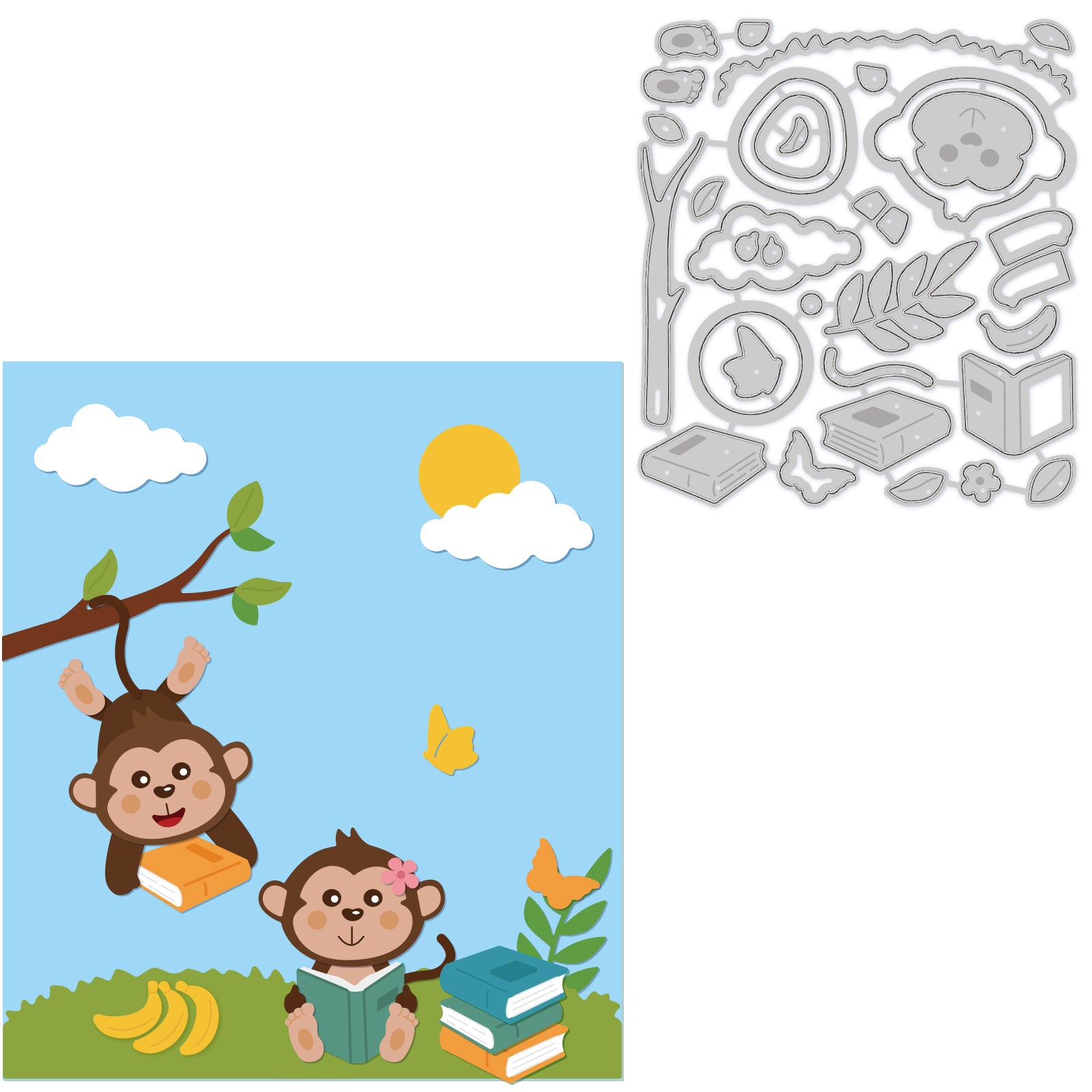 Globleland Reading Monkey, Reading, Books, Bananas, Nature, Grass, Clouds, Butterflies, Climbing Trees Carbon Steel Cutting Dies Stencils, for DIY Scrapbooking/Photo Album, Decorative Embossing DIY Paper Card