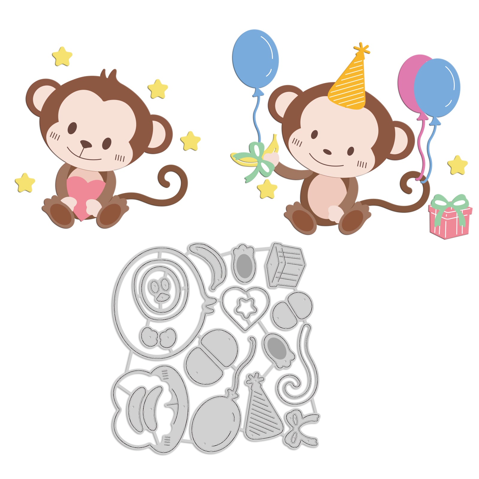 Globleland Monkey, Birthday, Party, Balloons, Hearts, Stars Carbon Steel Cutting Dies Stencils, for DIY Scrapbooking/Photo Album, Decorative Embossing DIY Paper Card