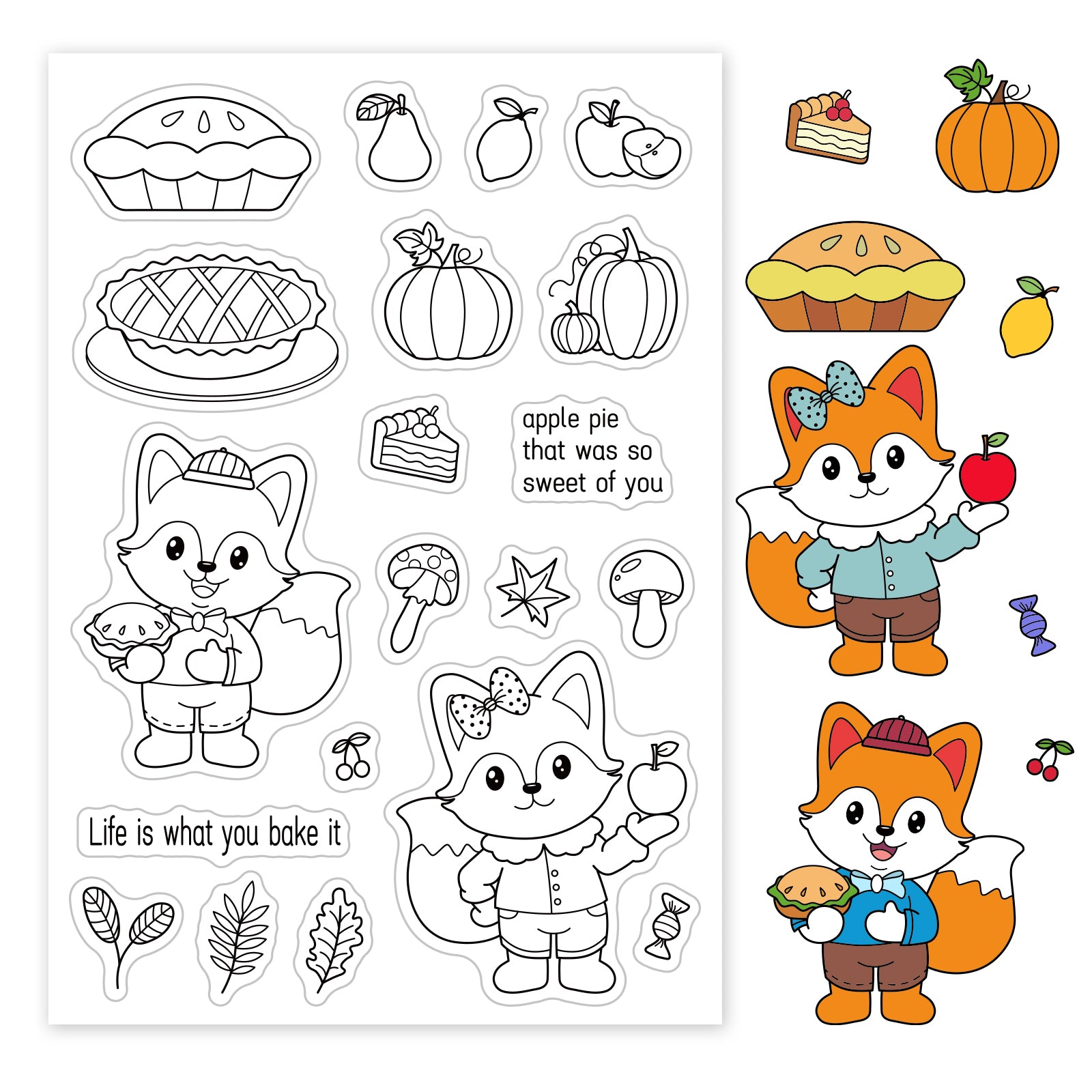 Globleland Fox, Food, Apple Pie, Candy, Pumpkin, Fruit, Pear, Lemon, Cherries, Fallen Leaves Clear Silicone Stamp Seal for Card Making Decoration and DIY Scrapbooking