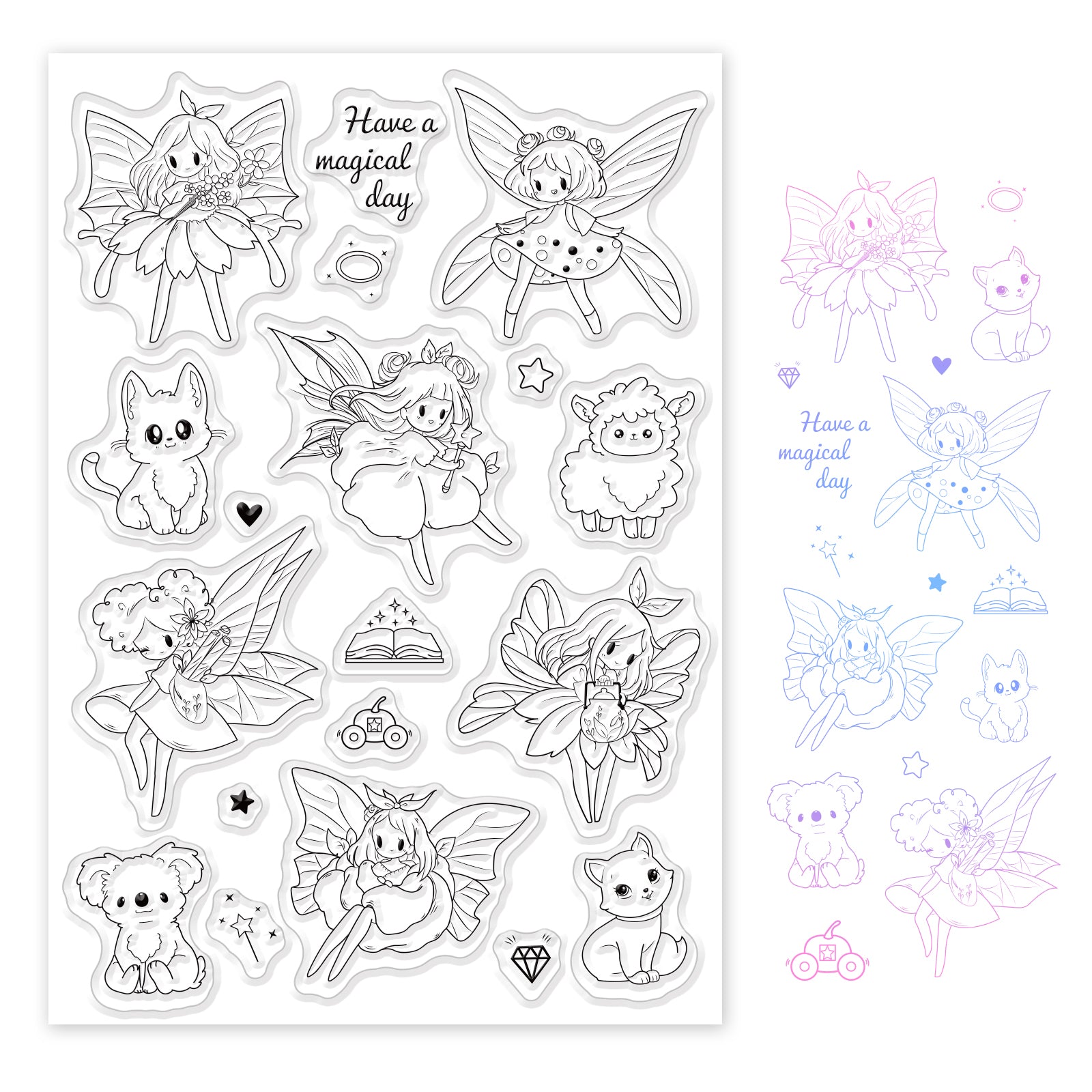 Globleland Flower Fairy, Kitten, Lamb, Koala, Magic Book, Pumpkin Cart, Magic Wand, Diamond Clear Stamps Silicone Stamp Seal for Card Making Decoration and DIY Scrapbooking