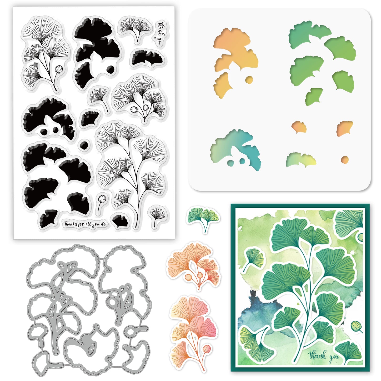 Globleland Ginkgo Biloba, Leaf, Cutting Dies, Painting Stencils and Silicone Clear Stamps Set, for DIY Scrapbooking/Photo Album, Decorative Embossing DIY Paper Card