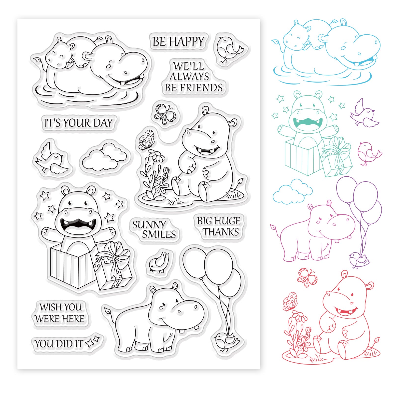 Happy Hippo, Bird, Flowers Clear Silicone Stamp Seal for Card Making Decoration and DIY Scrapbooking