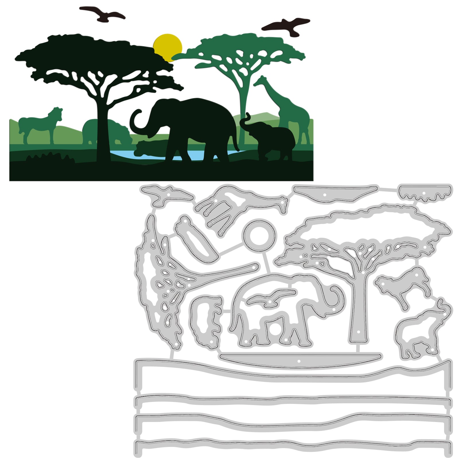 Globleland Africa, Scene, Elephants, Giraffes, Trees, Hippos, Zebras, Birds Carbon Steel Cutting Dies Stencils, for DIY Scrapbooking/Photo Album, Decorative Embossing DIY Paper Card