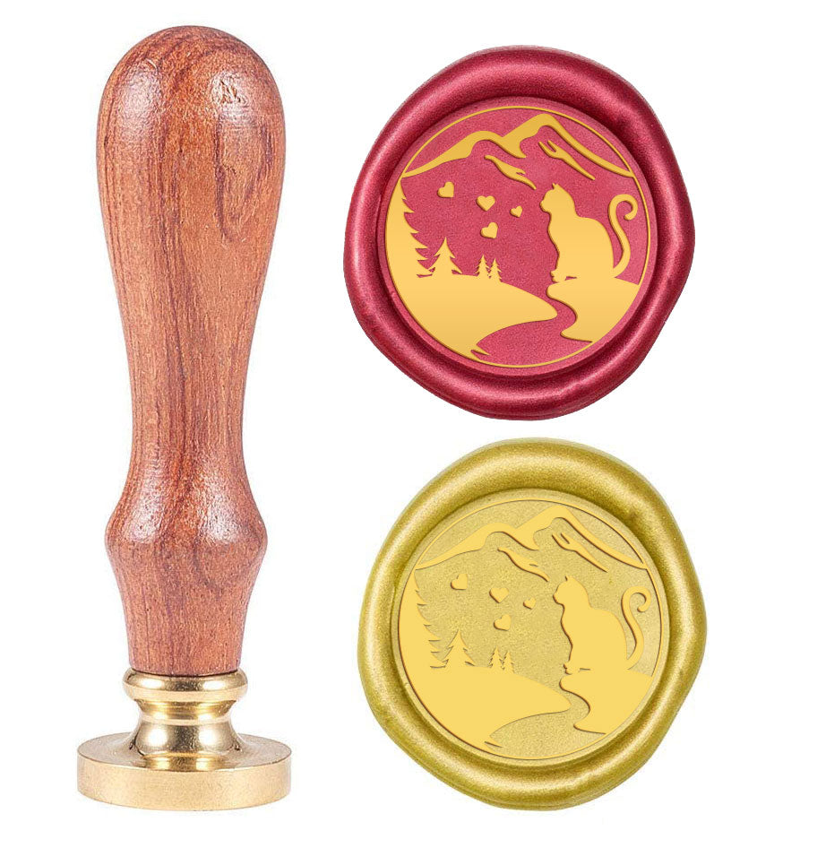 Cat and Mountain Wood Handle Wax Seal Stamp