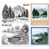 Globleland Landscape, Forest, River, Lake, Boat, Mountains and Trees Background Clear Silicone Stamp Seal for Card Making Decoration and DIY Scrapbooking