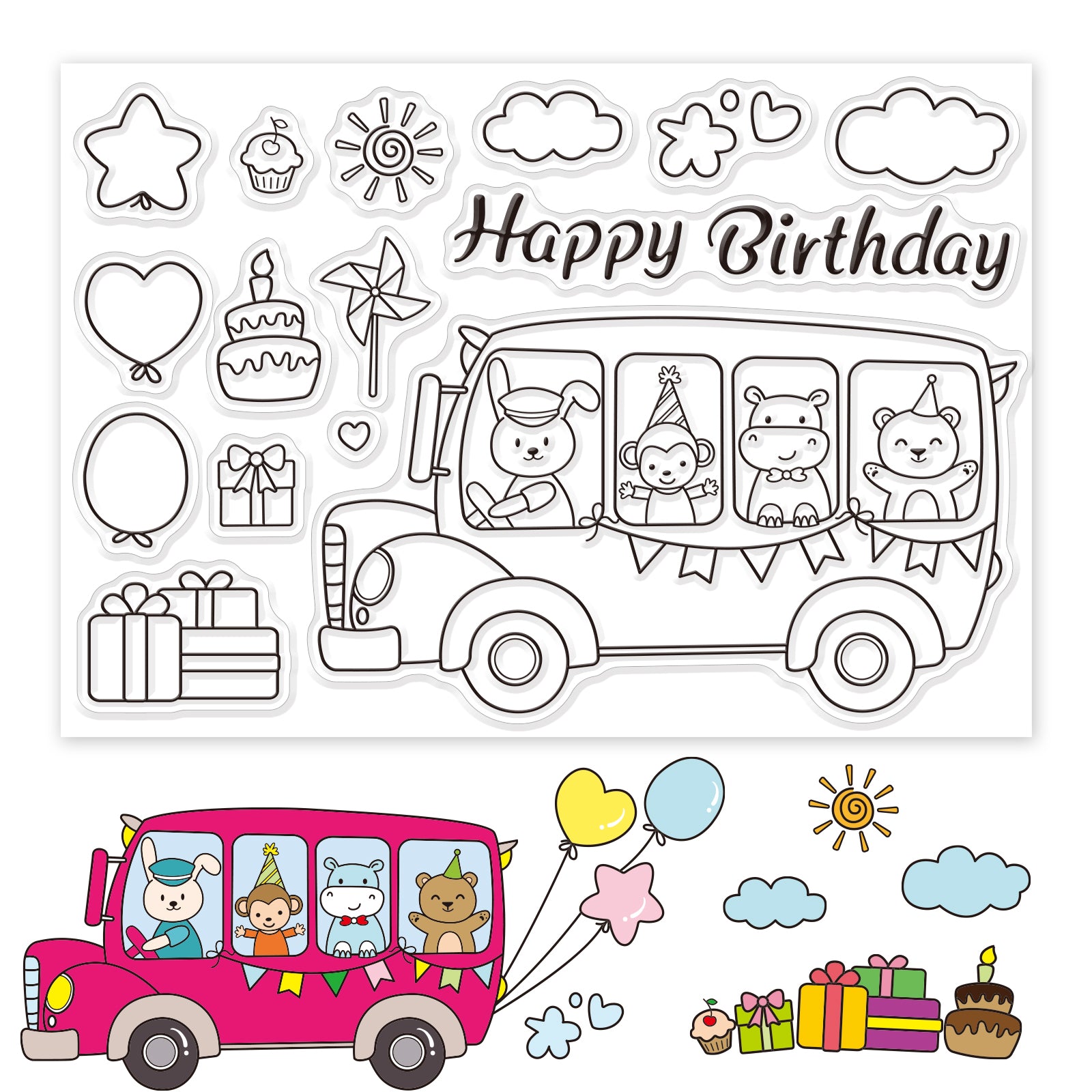 Globleland Party Bus, Animal Bus, Gifts Clear Stamps Silicone Stamp Seal for Card Making Decoration and DIY Scrapbooking