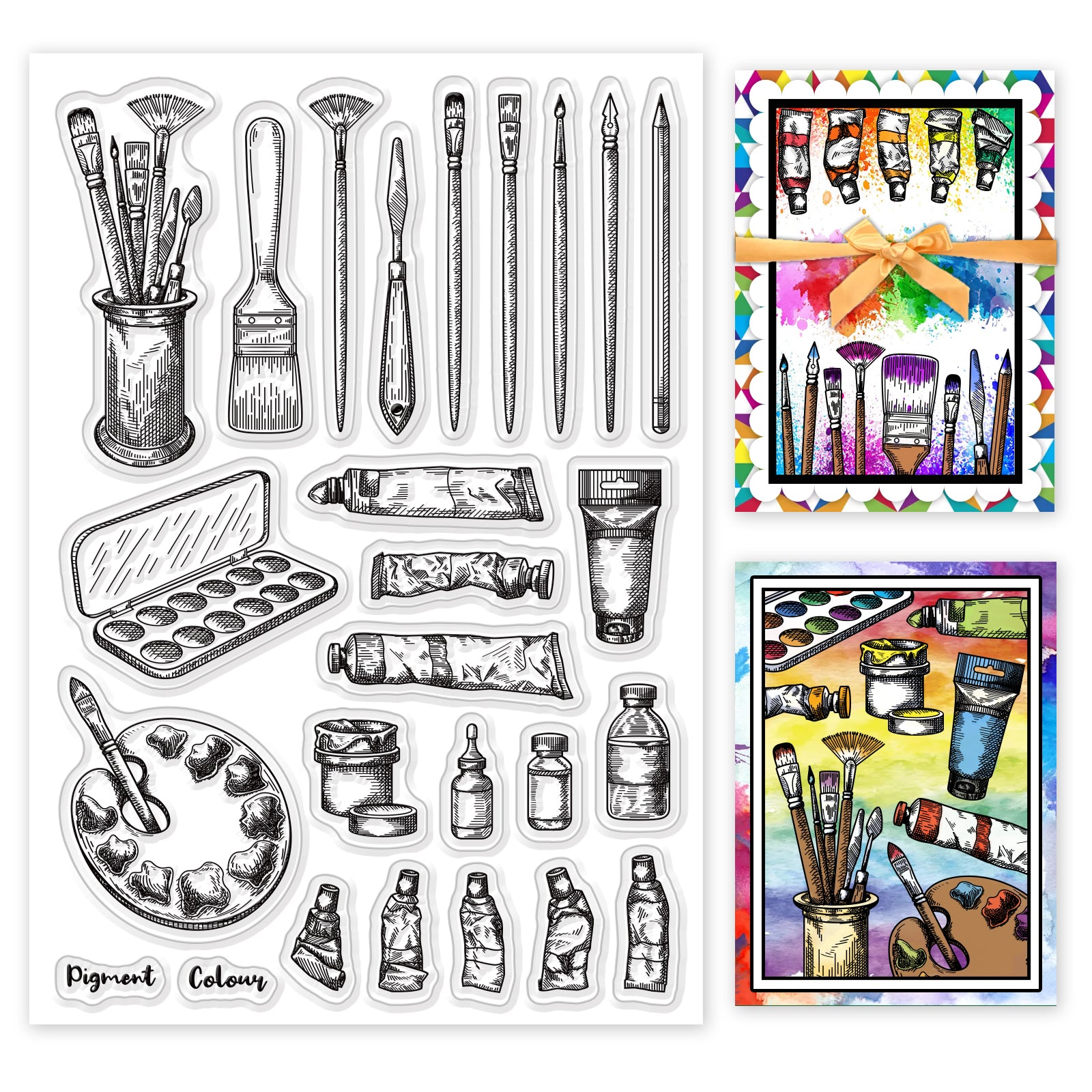 Globleland Paint, Brush, Palette Clear Silicone Stamp Seal for Card Making Decoration and DIY Scrapbooking
