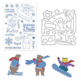 1Pc Carbon Steel Cutting Dies Stencils & 1 Sheet PVC Plastic Stamps, for DIY Scrapbooking/Photo Album, Decorative Embossing DIY Paper Card, Ski Bear, Winter, Snowflakes, Christmas