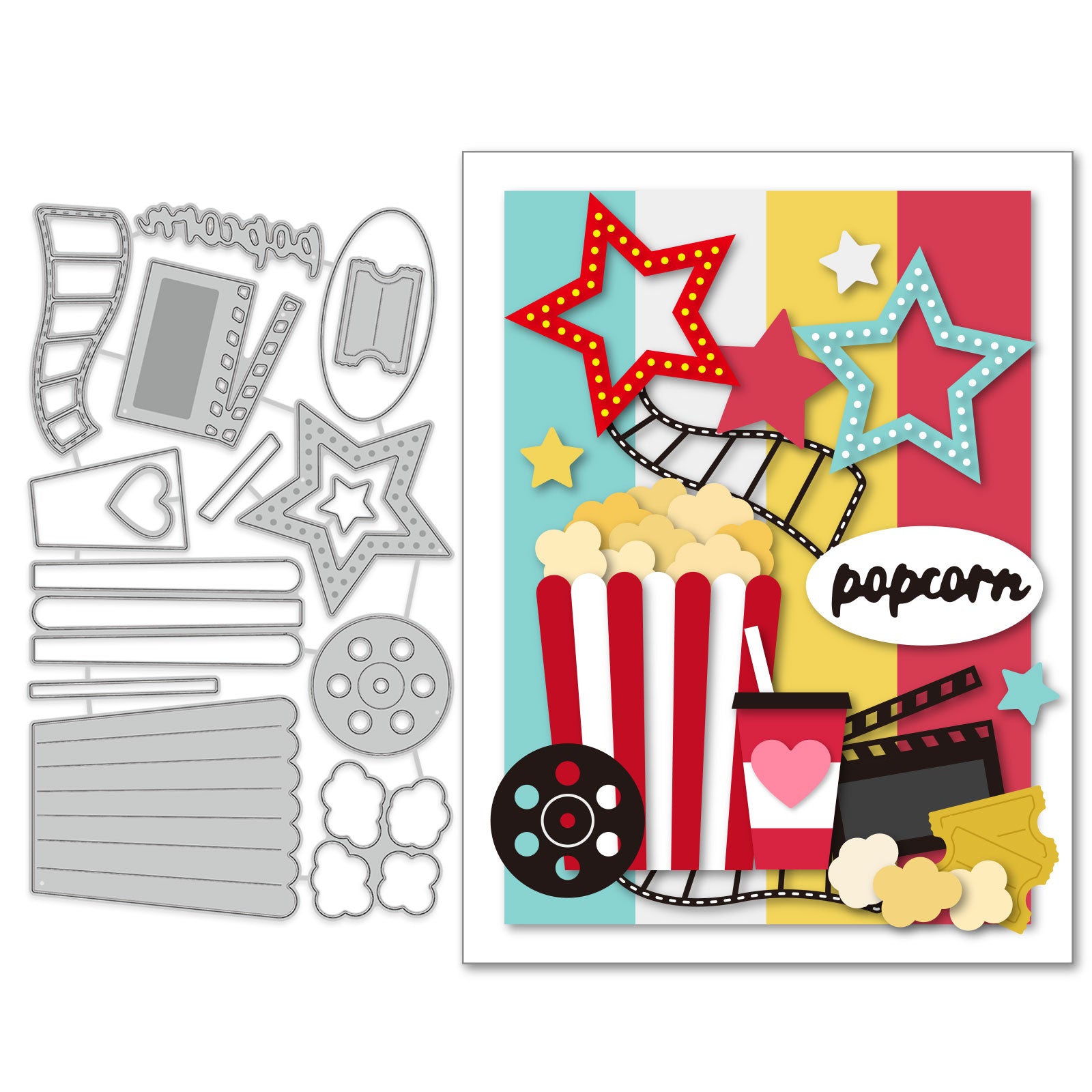 Globleland Popcorn, Cola, Film, Movie Tickets, Pentagram Carbon Steel Cutting Dies Stencils, for DIY Scrapbooking/Photo Album, Decorative Embossing DIY Paper Card