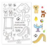 Globleland Let's Play, Puppy, Squirrel, Chicken, Bird, Bee, Butterfly, Slide, Tree, Seesaw, Ball, Swing Clear Silicone Stamp Seal for Card Making Decoration and DIY Scrapbooking
