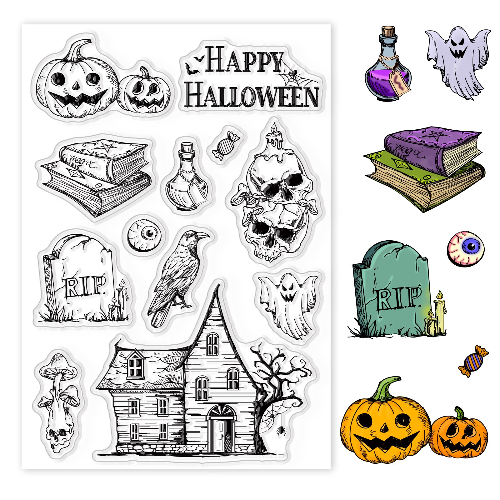 Globleland Halloween, Pumpkin, Spider Webs, Ghosts, Books Clear Stamps Silicone Stamp Seal for Card Making Decoration and DIY Scrapbooking