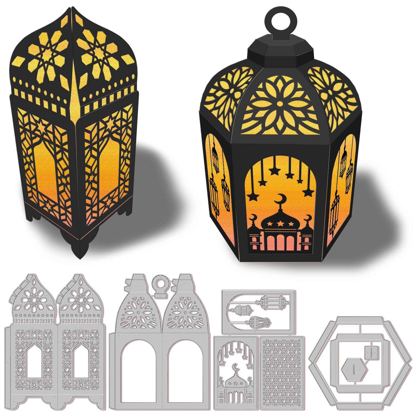 Globleland Ramadan & Eid Mubarak Carbon Steel Cutting Dies Stencils, for DIY Scrapbooking, Photo Album, Decorative Embossing Paper Card, Stainless Steel Color, Lantern Pattern, 148~153x82~89x0.8mm, 4pcs/set