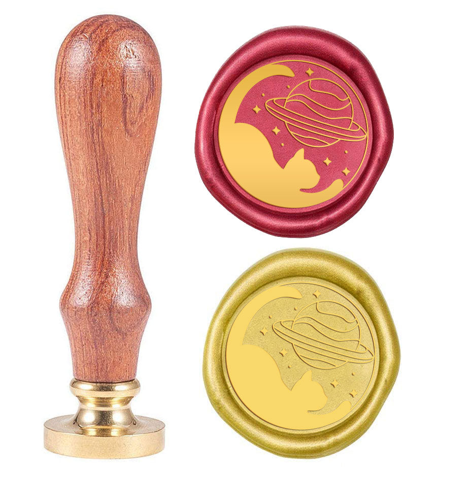 Cat and Planet Wood Handle Wax Seal Stamp