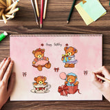 Globleland Teddy Bear, Vintage, Happy Birthday Bear, Flower, Vintage Clothing Clear Silicone Stamp Seal for Card Making Decoration and DIY Scrapbooking