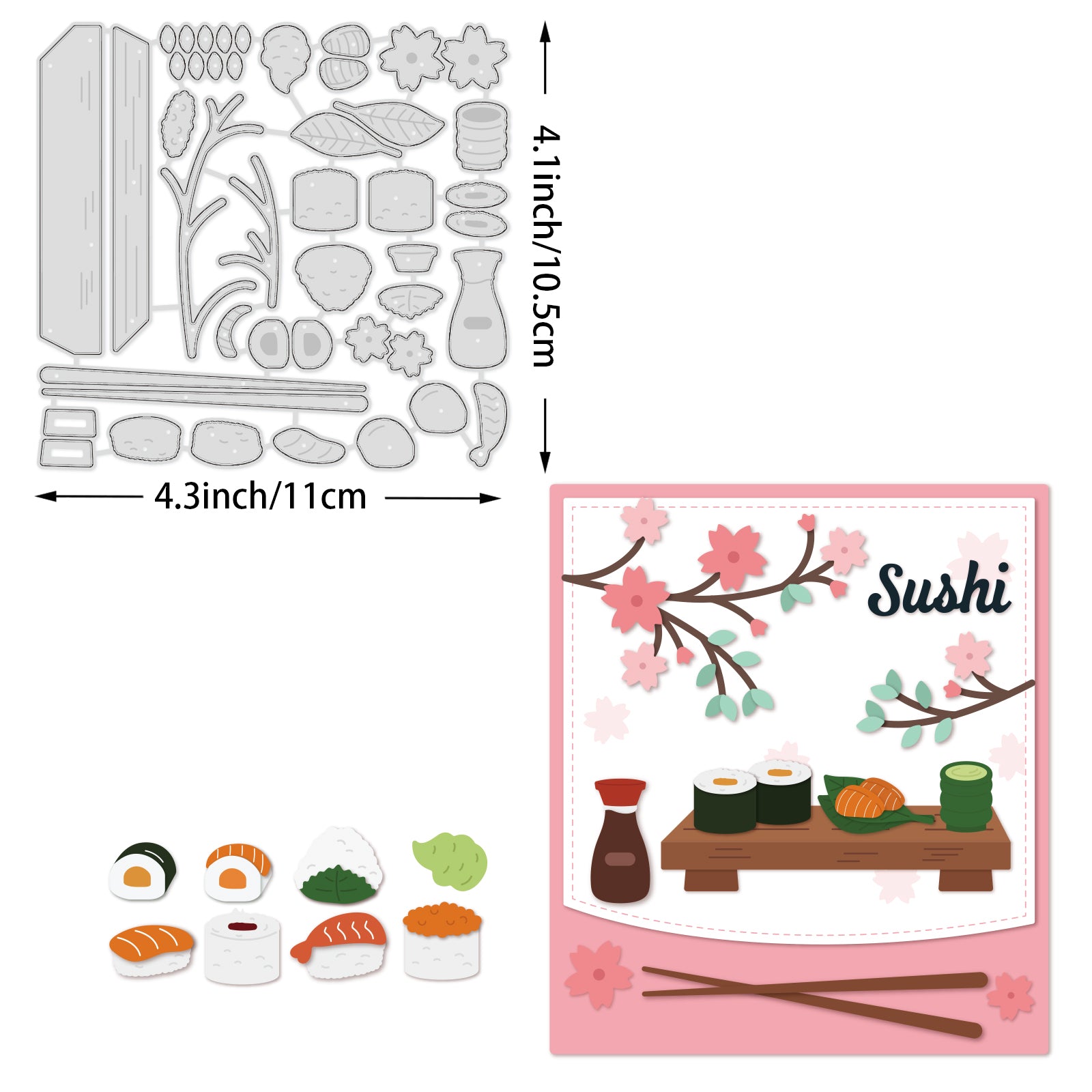 Globleland Sushi, Sakura, Table, Sauce, Wasabi, Chopsticks, Oriental Carbon Steel Cutting Dies Stencils, for DIY Scrapbooking/Photo Album, Decorative Embossing DIY Paper Card
