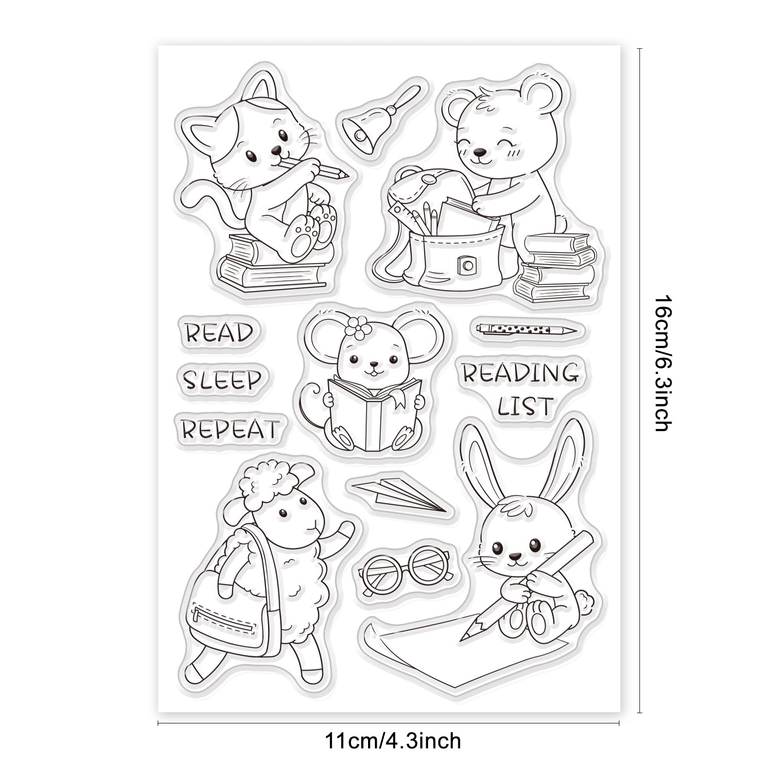 Globleland Kitten, Bear, Rabbit, Mouse, Lamb, Learning, Reading, Schoolbag, School, Brush Clear Silicone Stamp Seal for Card Making Decoration and DIY Scrapbooking