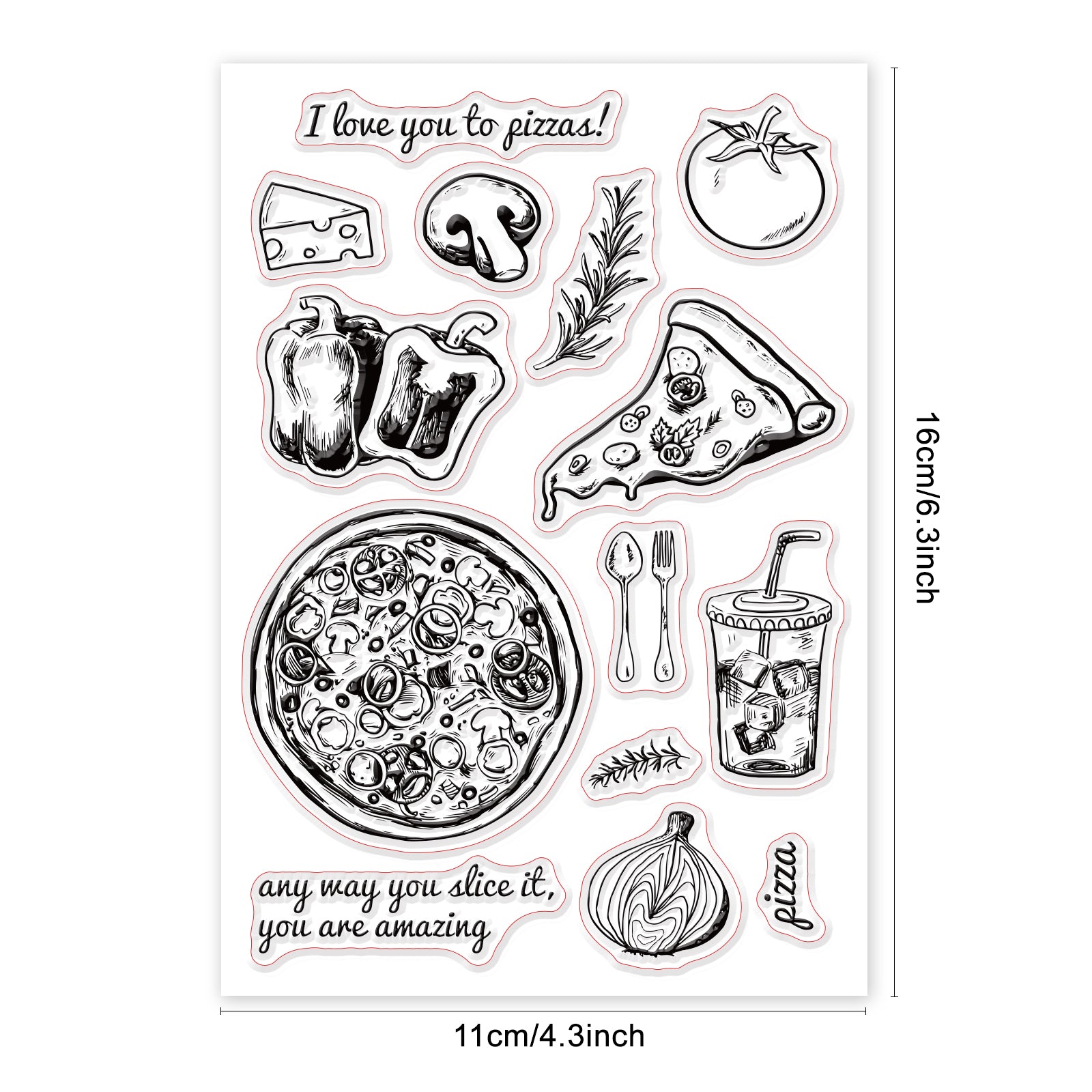 Globleland Pizza, Tomatoes, Rosemary, Mushrooms, Cheese, Green Peppers, Knife and Fork, Cola, Drinks, Onions Clear Silicone Stamp Seal for Card Making Decoration and DIY Scrapbooking