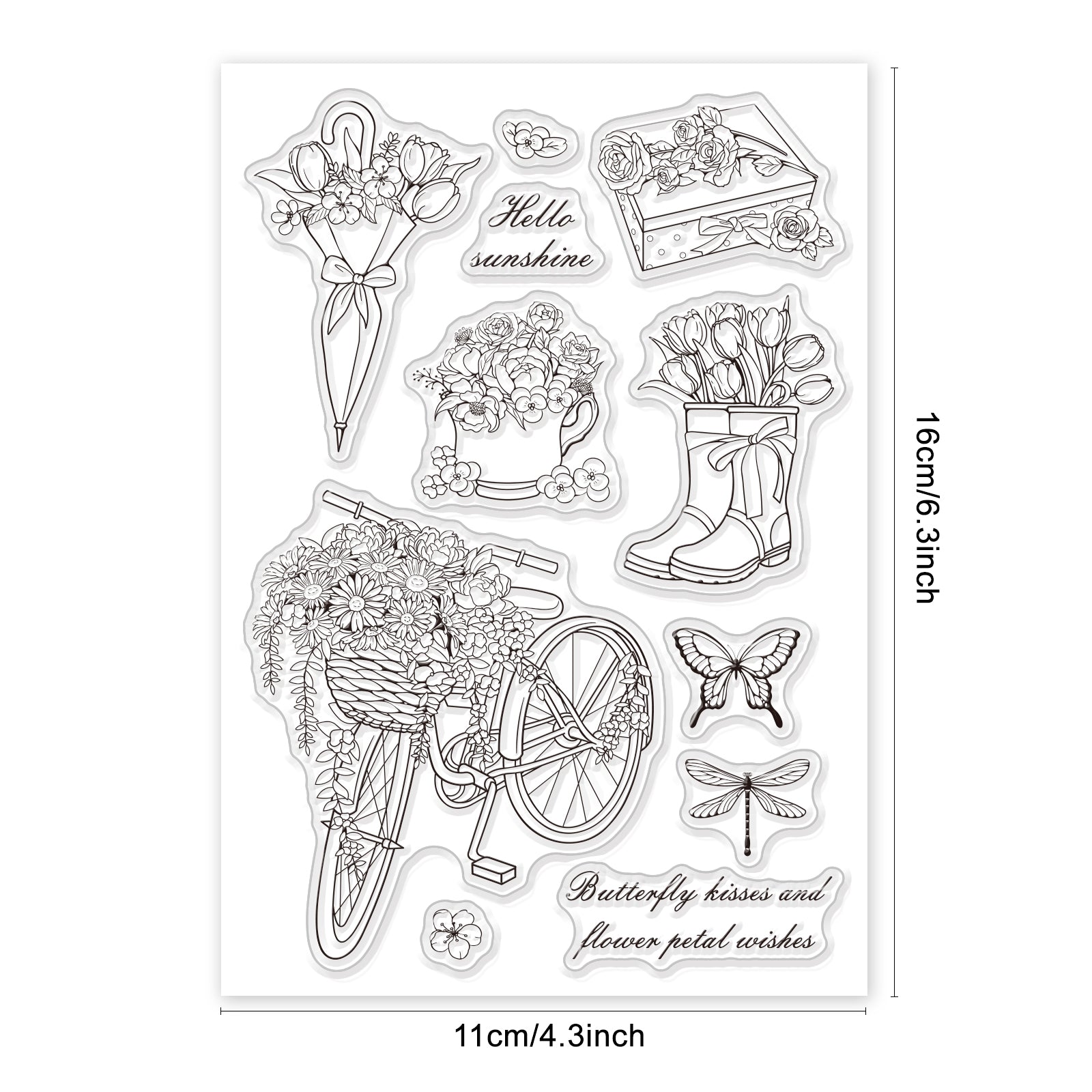 Spring, Flowers, Rain Boots, Bicycles, Daisies, Roses, Peonies, Butterflies, Dragonflies Clear Silicone Stamp Seal for Card Making Decoration and DIY Scrapbooking