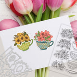 Teacup and Flower 1Pc Carbon Steel Cutting Dies Stencils & 1 Sheet PVC Plastic Stamps, for DIY Scrapbooking/Photo Album, Decorative Embossing DIY Paper Card