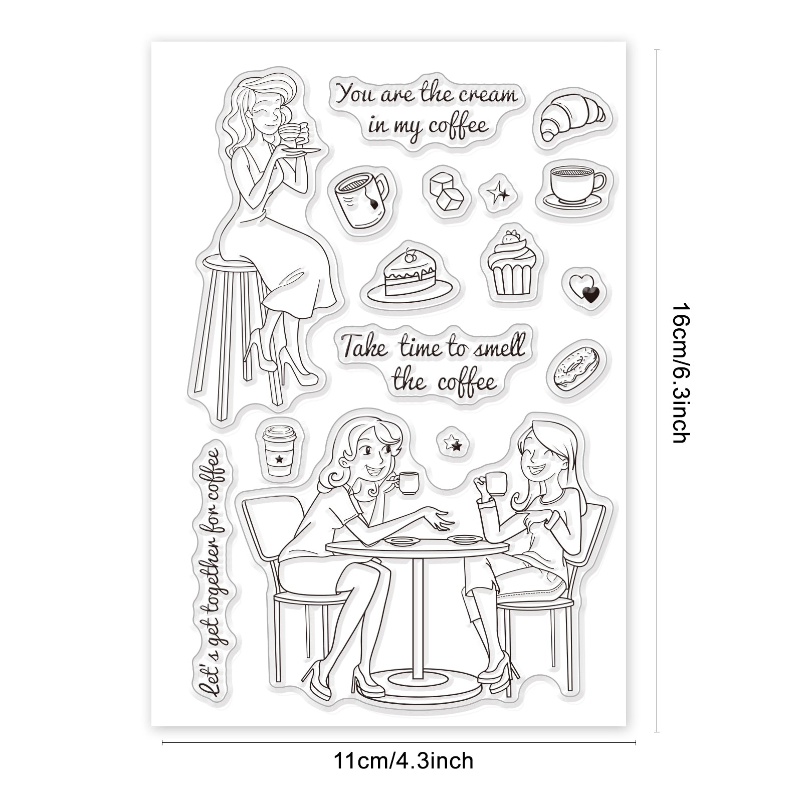 Globleland Woman, Coffee, Coffee Cup, Croissant, Ice Cubes, Cake, Cupcake, Donut Clear Stamps Silicone Stamp Seal for Card Making Decoration and DIY Scrapbooking