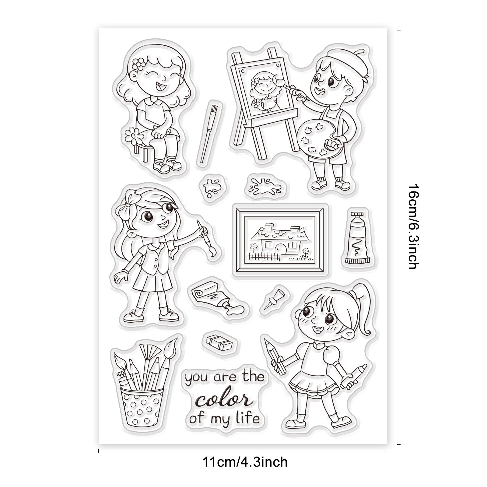 Globleland Drawing, Boy, Girl, Paint, Portrait, Crayons, Paintbrush Clear Silicone Stamp Seal for Card Making Decoration and DIY Scrapbooking