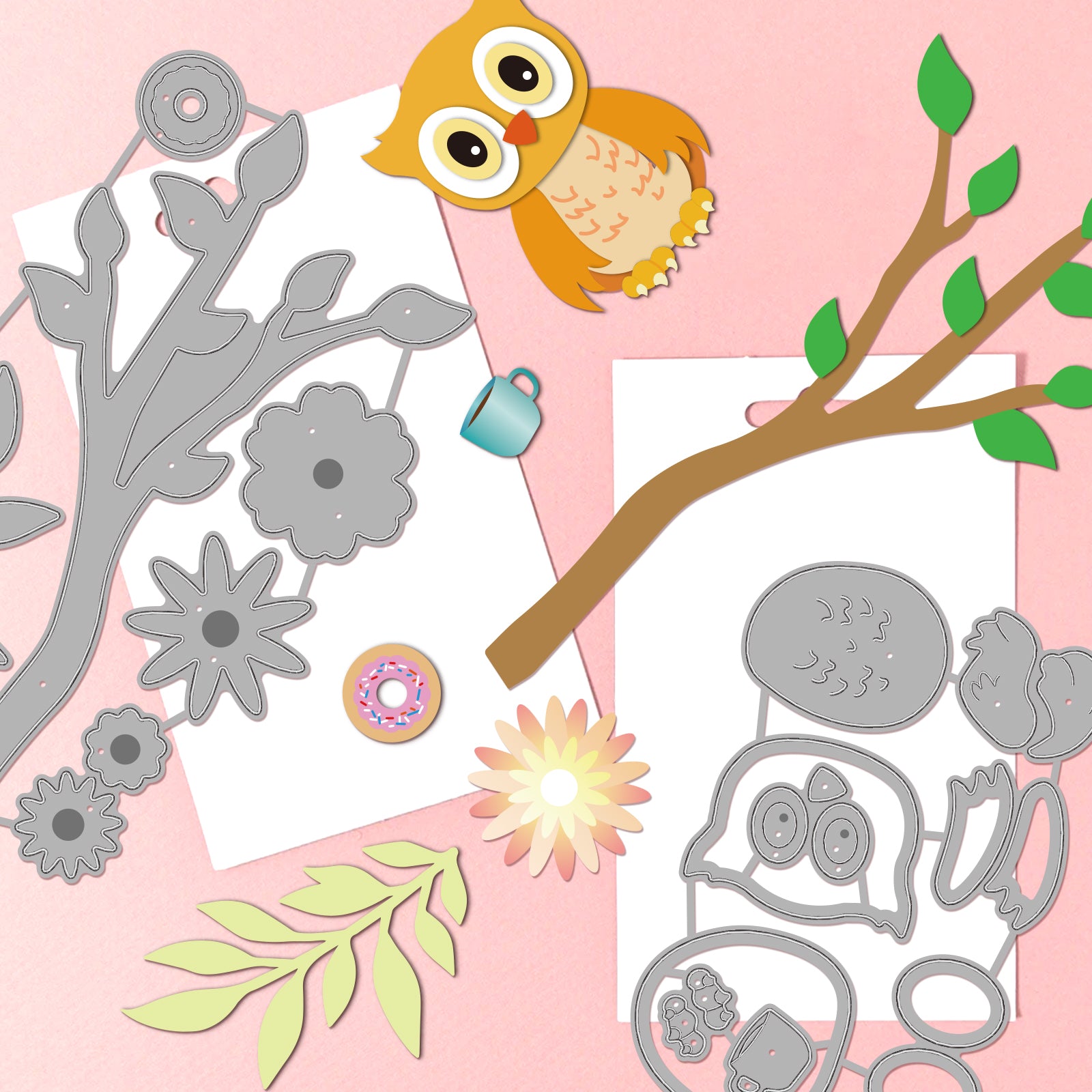 Globleland Owl, Coffee, Donuts, Twigs Carbon Steel Cutting Dies Stencils, for DIY Scrapbooking/Photo Album, Decorative Embossing DIY Paper Card