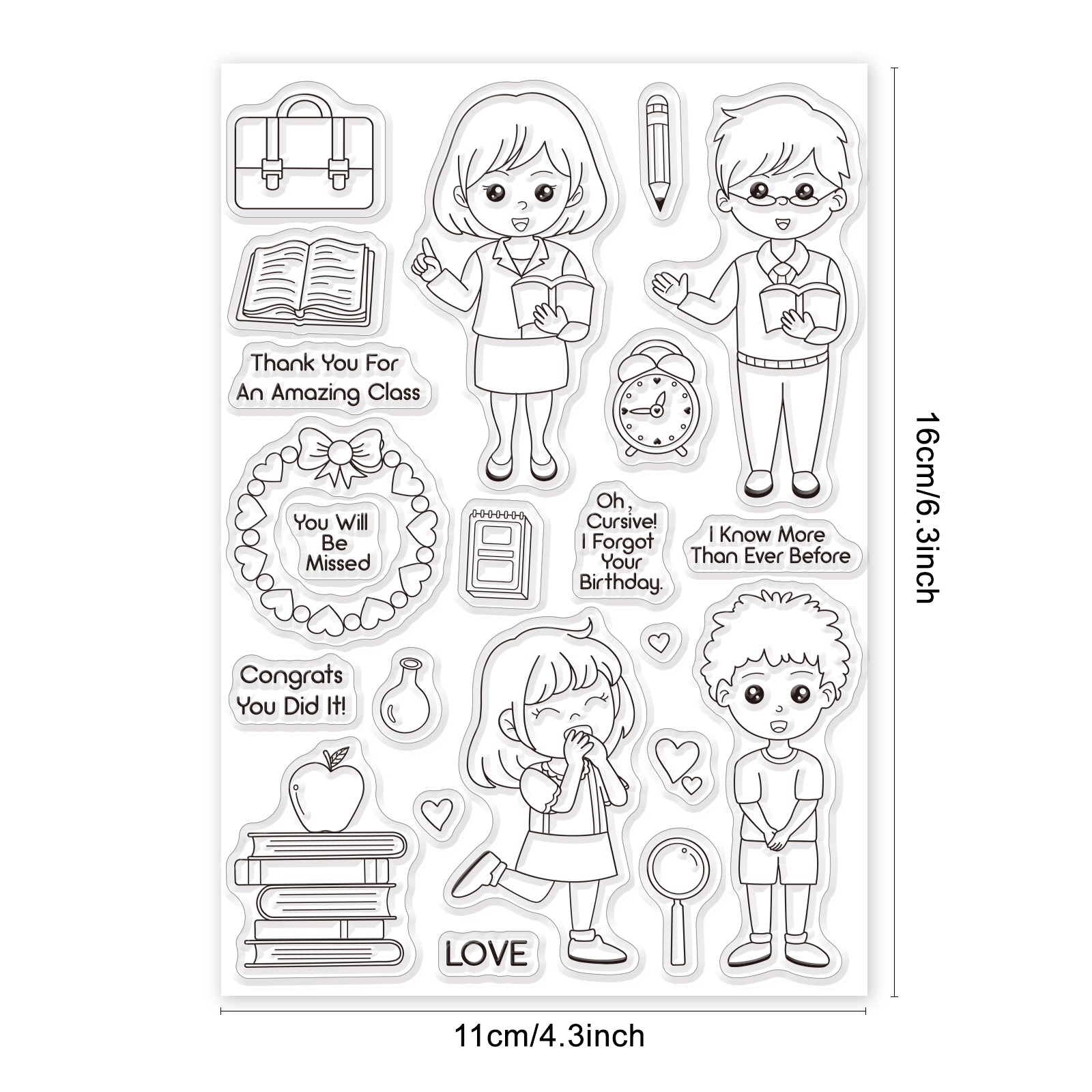 Globleland Female Teacher, Male Teacher, Female Student, Male Student, Pen, School Bag, Book Clear Stamps Silicone Stamp Seal for Card Making Decoration and DIY Scrapbooking