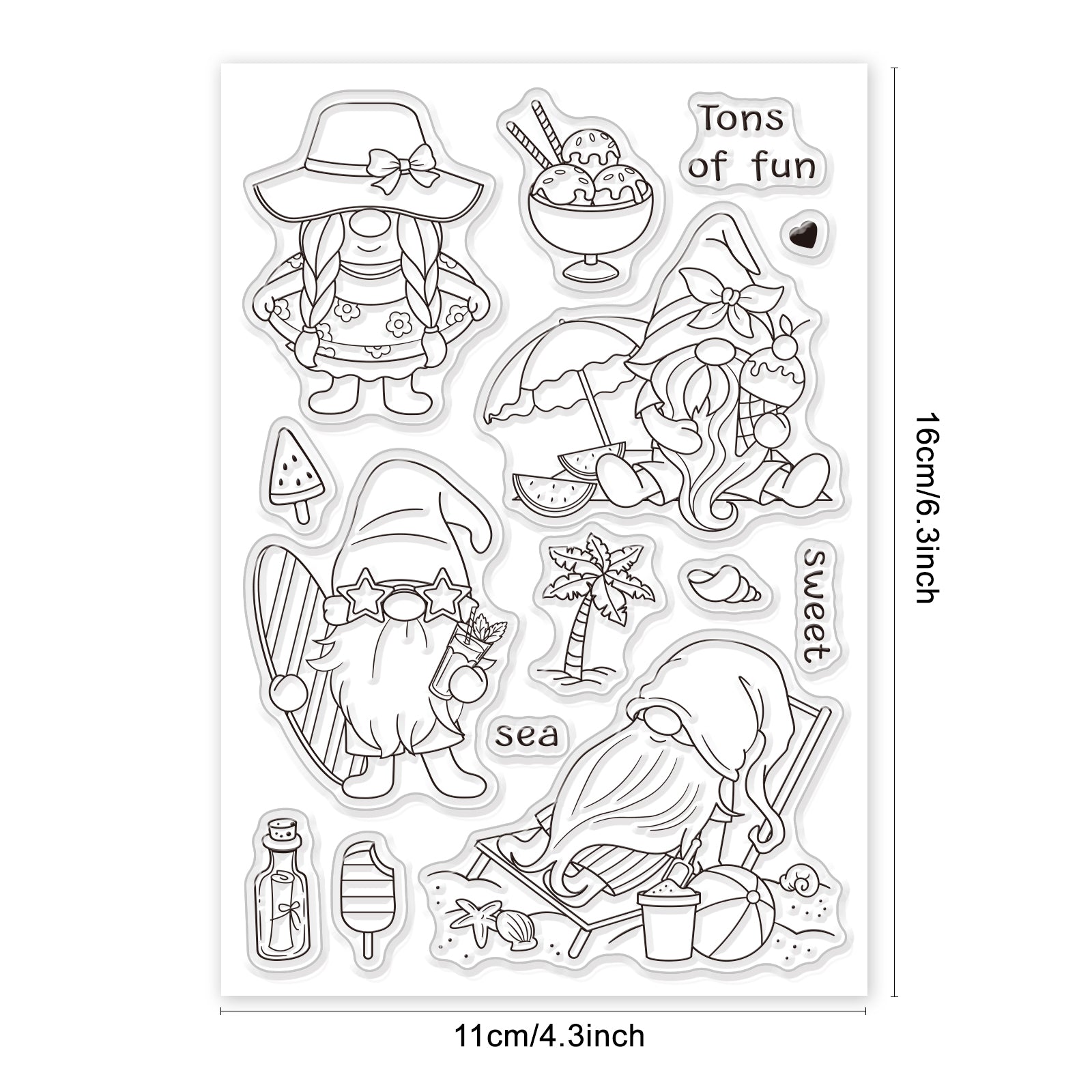 Globleland Summer, Ocean, Gnome Elves, Beach, Tropical, Swimming, Surfing, Ice Cream, Watermelon Clear Silicone Stamp Seal for Card Making Decoration and DIY Scrapbooking