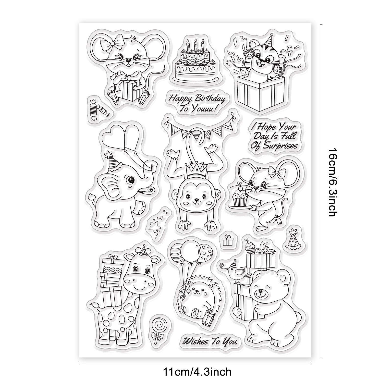 Globleland Animals Celebrate Birthday, Mouse, Tiger, Cake, Gift Balloon Clear Silicone Stamp Seal for Card Making Decoration and DIY Scrapbooking