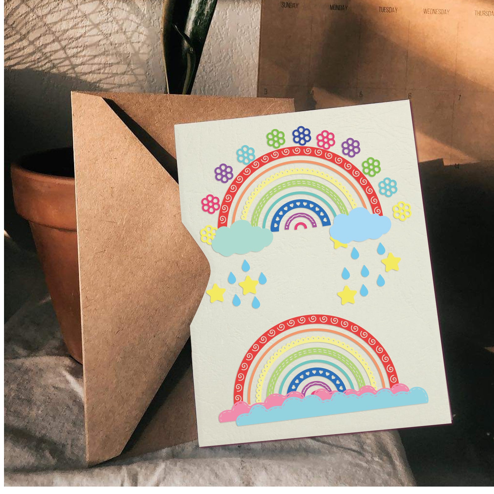 Globleland Rainbow, Clouds, Raindrops, Flowers Carbon Steel Cutting Dies Stencils, for DIY Scrapbooking/Photo Album, Decorative Embossing DIY Paper Card