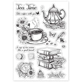 Globleland Afternoon Tea, Coffee, Books, Pocket Watch, Flowers, Teapot Clear Silicone Stamp Seal for Card Making Decoration and DIY Scrapbooking